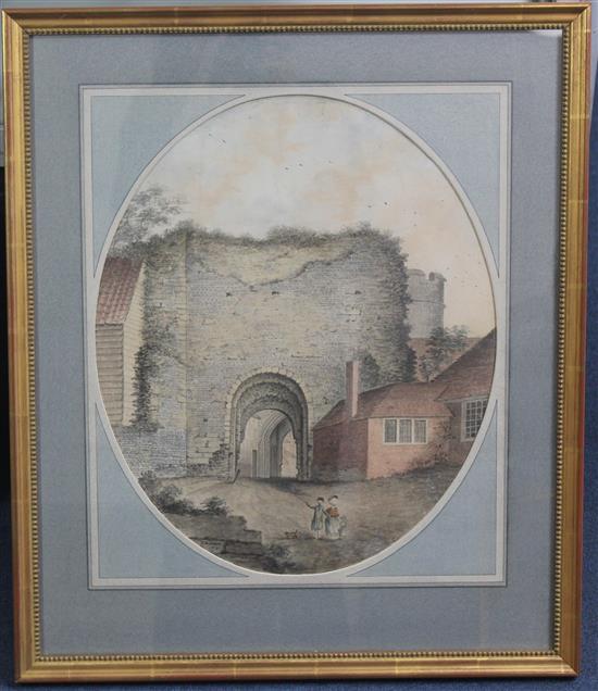 James Lambert Jnr (1741-1799) Lewes Castle gateway from the south, oval, 17 x 14in.